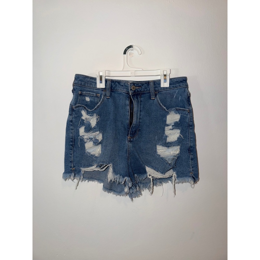Hollister Curvy Ultra High-Rise Mom Shorts Distressed Denim‎ Blue Size 11 W30